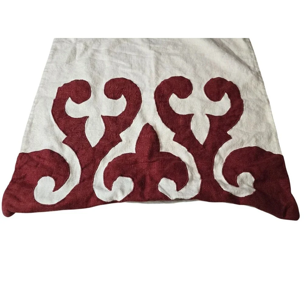 Square Feathers Linen Pillow Cover‎ With Red & White Ornamental Design 20x20